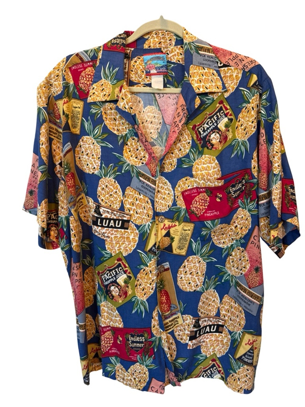 Joe Kealoha’s Hawaiian Shirt Pineapple Print Blue Short Sleeve Aloha Button Up